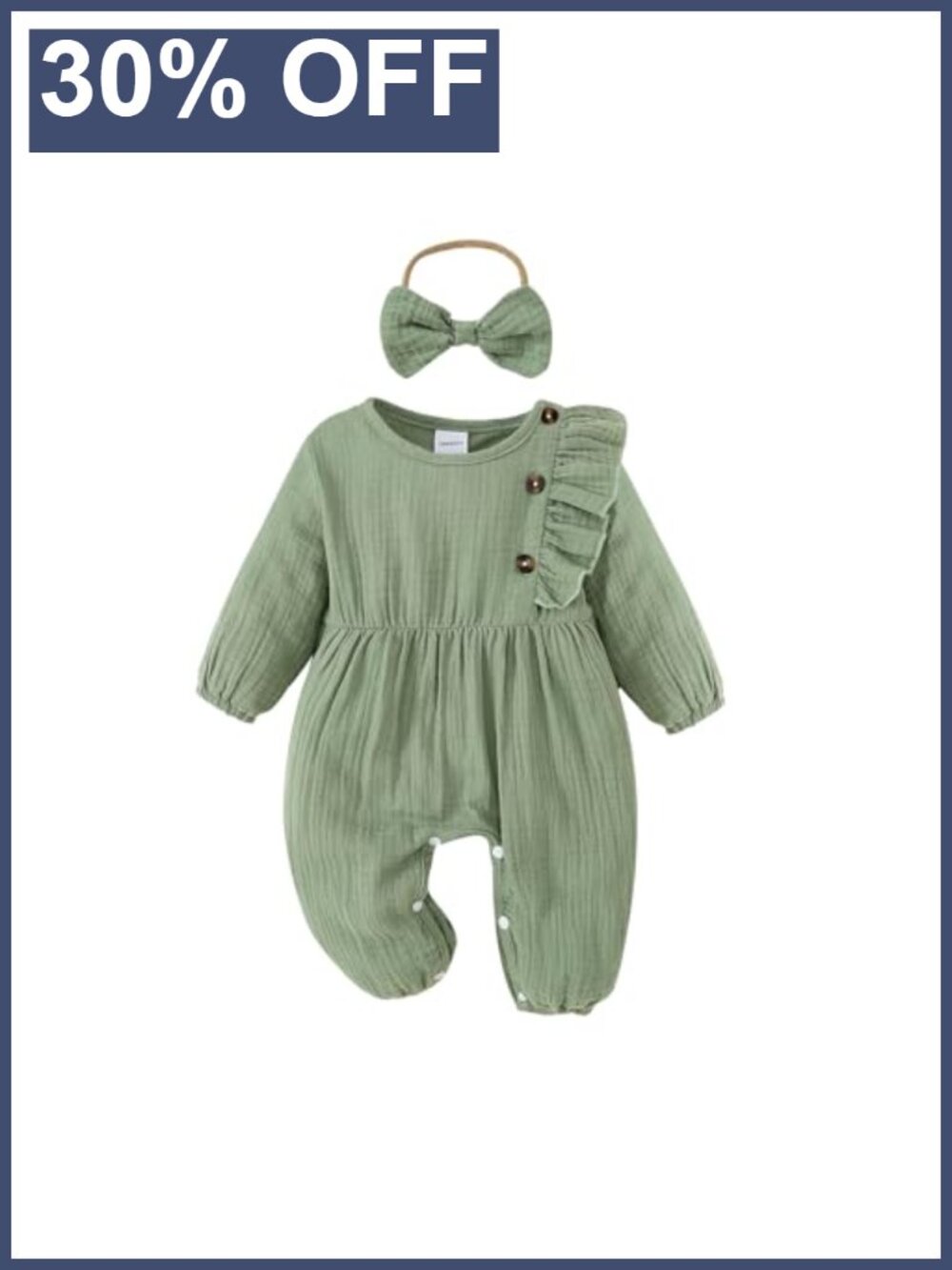 Newborn Baby Girl Smocked Long Sleeve Romper with Bow Headband, Soft Cotton